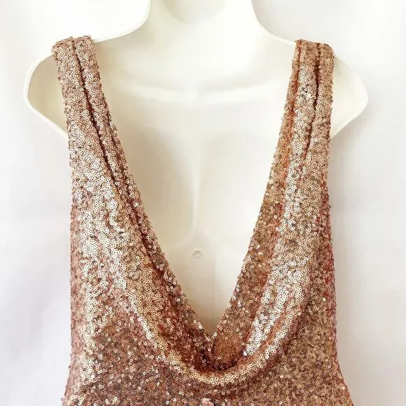 Christina Wu Rose Gold Sequin Dress (6) Bateau Neck Open Back Formal Gown 22704 - Picture 7 of 14